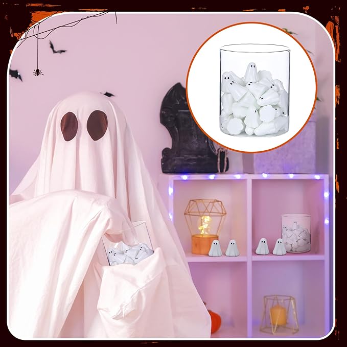 50 Packs Halloween Luminous Ghost Miniature Figurines Mini Resin Ghost Ornaments for Party Favor Spooky Glow in Dark Figurines for Garden Table Home Landscape Decor