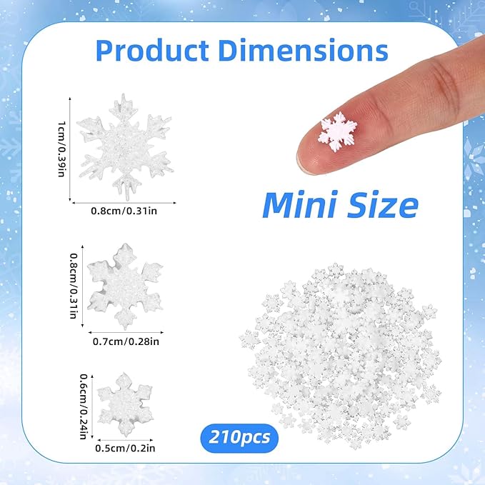 210pcs Mini Resin Snowflakes, 3 Sizes Glitter Winter Miniature Resin Snowflakes Tiny Ornaments for DIY Home Christmas Tree Micro Landscape Small Decor & Party Supplies (White)
