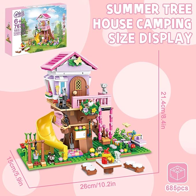 Creative Treehouse Building Blocks Toy Summer Tree House with Animals, Slide, and Picnic Table Fun Garden Playset for Girls and Boys