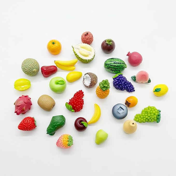 30Pcs Mini Resin Fruit, Artificial Fake Fruit, Fake Strawberry Banana Pineapple Lemon Peach Fruit Decorations for Mini House Kitchen Fairy Garden Cake Party Decor