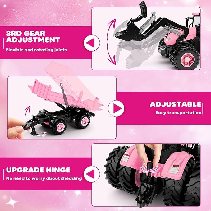 Remote Control Tractor Toy [2026] Kids RC Tractor Set & Truck and Trailer Front Loader - Metal Car Head/8 Wheel/Light, Toddlers Farm Vehicle Toys for 3 4 5 6 7 8 9 Year Old Girls Birthday Gift, Pink