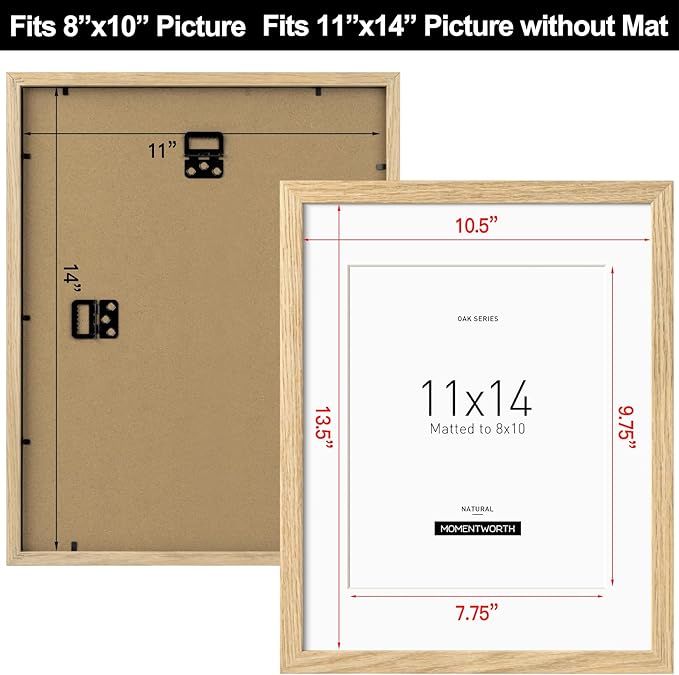 Momentworth 11x14 Picture Frame with Mat for 8x10, Solid Oak Wood 11x14 Frame with Tempered Glass for Wall Mount(Single,Oak)
