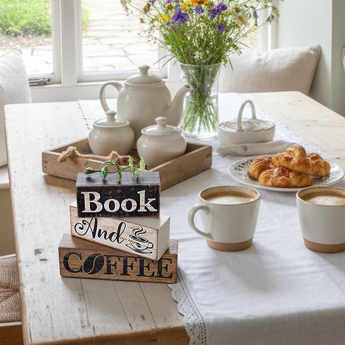 Moucuny 4 Pcs Farmhouse Wooden Tabletop Decor Farmhouse Coffee Tiered Tray Decor Rustic Eucalyptus Leaves Wood Block Sign Gift Sweet Home Centerpiece Home and Café Table Decoration