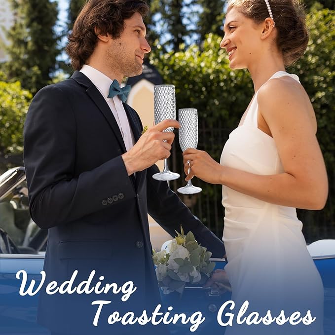 Plastic Champagne Flutes Champagne Glasses Unbreakable Wedding Toasting Glasses Reusable Diamond Wine Glasses Crystal Clear Party Wine Cups Vintage Drinking Glasses 5.5 OZ for Wedding (24, Crystal)