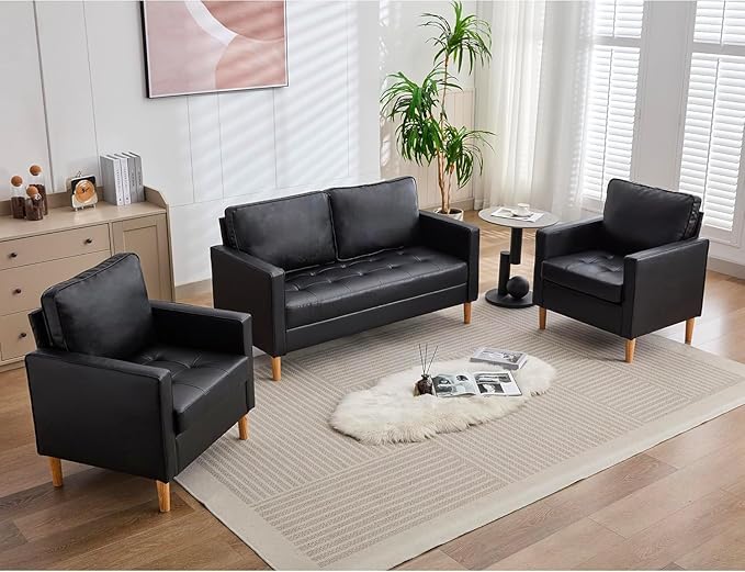 TYBOATLE 57" Small Black Faux Leather Sofa Couches, 3 Piece Living Room Set, Mid-Century Modern Tufted Comfy Loveseat, 2 Seater Office Couch Love Seat for Small Space Bedroom Drom Apartment Playroom