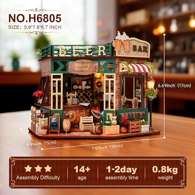 DIY Wooden Miniature House & Book Nook Kits, Bistro Modern Styles Doll House with LED Lights, Furniture, Beginner-Friendly for Adults & Teens, for Lovers, Buddies, Family & Book Lovers
