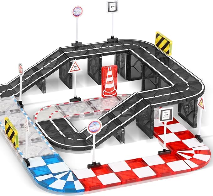Magnetic Tiles Road Set & Racing Track Expansion Pack, Magnetic Blocks Building Toys for 3+ Year Old Boys Girls, STEM Magnetic Toys Magnetic Tiles for Toddlers 3-5 4-8