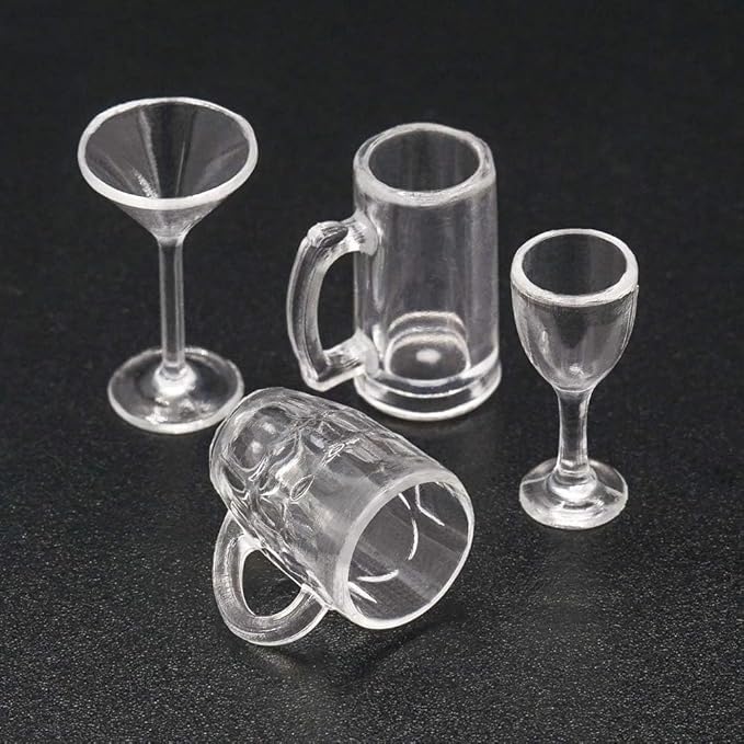 4Pcs Clear Glass Dollhouse Drinking Glasses Miniature: 1/12 Scale Wine Cocktail Glass for Kitchen Bar - Mini Beer Mug Stein Highball