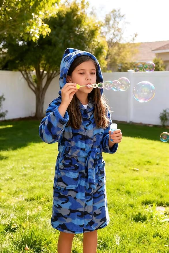 Boys Fleece Robe Hooded Toddler Soft Bathrobe Pajamas Sleepwear for Kids Girls 2-16 Years