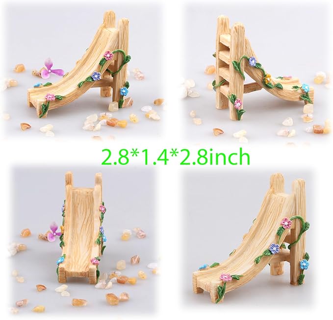 Kai Dream Miniature Fairy Garden Accessories Set, 4 Piece Resin Decorative Landscape Kit with Arch, Bridge, Bed and Slide, Floral Garden Ornaments