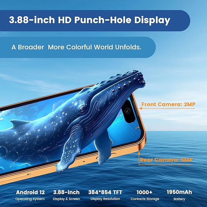 Leemoosa Mini Smartphone with 3.88-inch HD Touchscreen, 4G Dual SIM, Android 12, Face ID, Compact, Pocket-Sized for Students, Suitable as a Backup Phone or a Gift for Children 3GB+32GB（Orange）