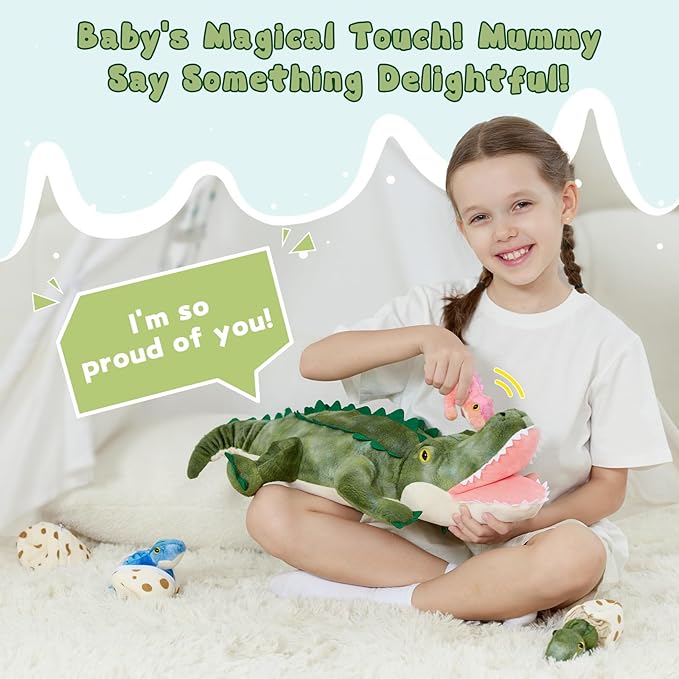 7Pcs Sound Alligator Plush Toy, 23.6" Talking Mother Crocodile Stuffed Animal with 3 Baby Alligators & 3 Eggs, Stuffed Educational Zoo Animals for Kids, Safari Plushies Gift for Christmas