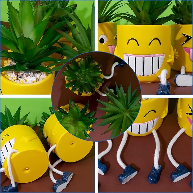 3Pcs Cute Fake Plants Small Potted Succulents with Yellow Pot, Creative Artificial Succulent Plants in Hanging Leg Fun Pot, Mini Vibrant Faux Plant for Home Office Desk Decor and Gift Choice