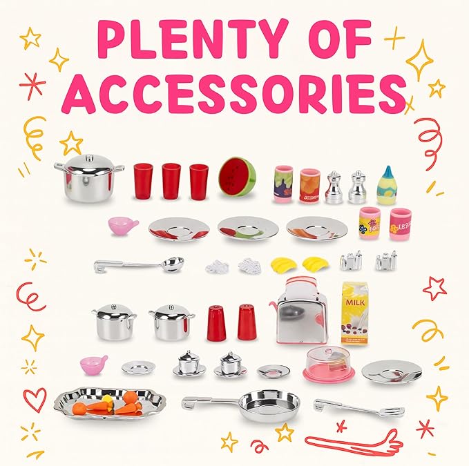 Doll Kitchen Playset for Kids, My Modern Mini Kitchen House Furniture Pretend Play Toy Accessories Set with Realistic Lights & Sounds for Toddlers, Girls (4-in-1)