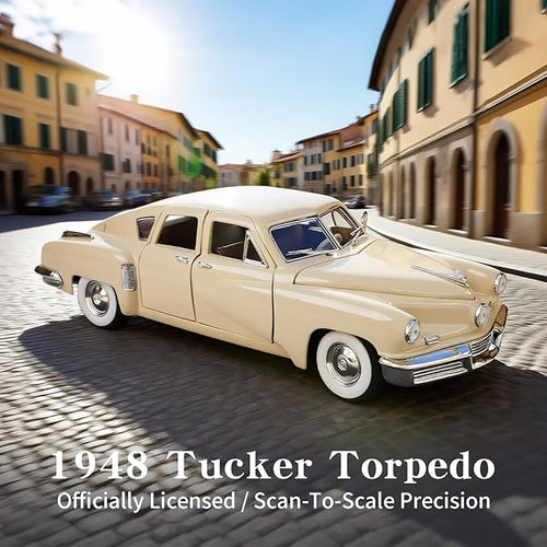 1948 Tucker Torpedo 1:18 Diecast Model Car - Cyclops Classic with Opening Doors, Steering Linkage | Premium Gift Box, Man Cave Decor | Ages 14+, Ivory Yellow