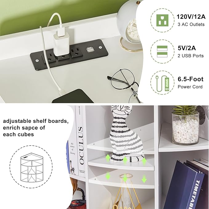 VECELO Corner Cube Shelf with USB Ports & Outlets, Modern Corner Toy Storage Rack with Adjustable Shlef, Wooden Display Bookshelf Bookcase for Living Room, Bedroom, Dining Room, Kitchen, White