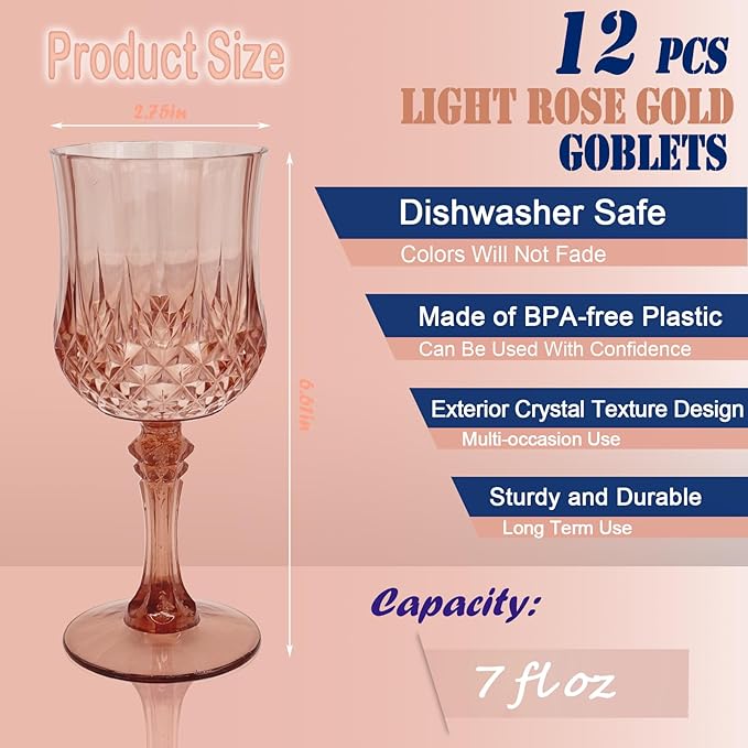 Veiuwa 12 PCS Rose Gold Plastic Wine Glasses，Cordial Glasses，Goblets，Can be Used for Weddings, Everyday Fun Parties and More!