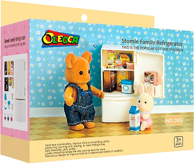 Family Dollhouse Refrigerator Set — Mini Fridge with Opening Doors, Interior Shelves, Milk Carton, Yogurt Tub, Ice Cream Cups & Topping Jars — Dollhouse Furniture & Accessories for Ages 3+