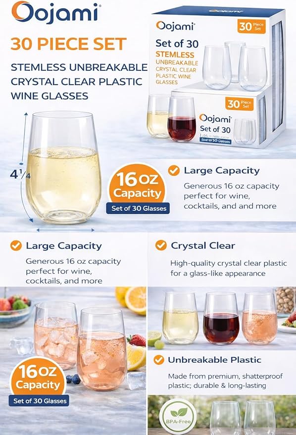 Oojami 30 piece 16 oz Stemless Unbreakable Crystal Clear Plastic Wine Glasses Set of 30 (16 Ounce)