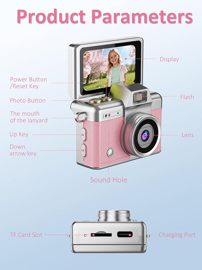 ETODBUWS Mini Keychain Camera, 1080P Digital Camera with 1.47" LCD, 32GB TF Card Included, Pocket-Size Retro Camera for Kids & Adults, Travel Collectible Gift, Pink