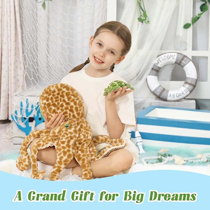 5Pcs Giant Octopus Plush, 23.6" Big Octopus Stuffed Animal with 3 Sea Animal Plush Toys(Turtle, Octopus, Crab, Hammerhead Shark), Soft Stuffed Ocean Creature Plushies for Kids