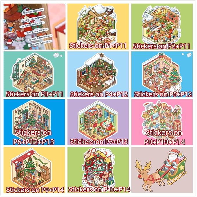 Christmas Sticker Book Collection, 10 Sets 3D Christmas Stickers, DIY 3D Miniature House Stickers Collection Book, Make Gifts for Adults and Kids, Fun Simulated Scene Game for Girls