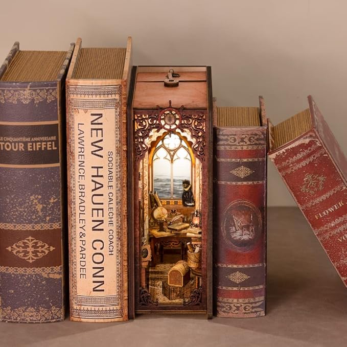 Cutefun Book Nook Kit - DIY Miniature Dollhouse Kit for Adults and Teens, Bookend Mini House Building Kit with LED, 3D Wooden Puzzle for Beginner Creative Gifts (Sailing Memory)