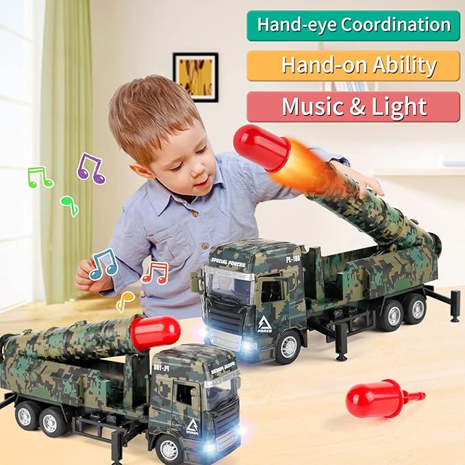 Missile Truck for Boys, Military Toys Vehicle with Lights & Sounds, Pull Back Army Toy Car Gift for 3 4 5 6 7 8 Year Old Boys Kids