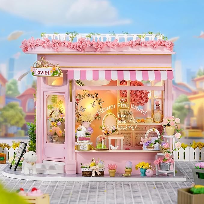 DIY Miniature House Kit, Dollhouse Kit with LED Light, Mini House Building Kits for for Adult to Building, Christmas Home Decorations Gifts for Family and Friends, Pink World
