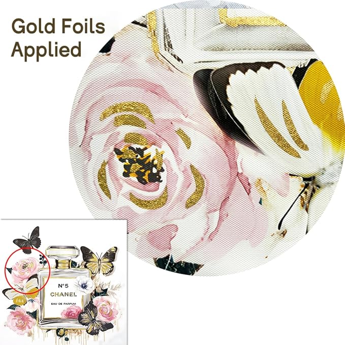 Dream Land Glam Perfume Bottle Wall Art: 20''x20'' Fashion Flowers Gold Butterfly Artwork for Makeup Room