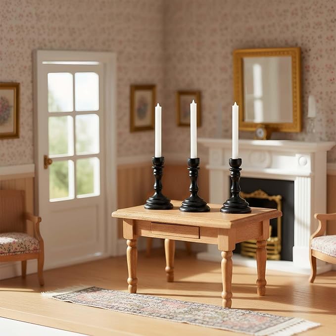 3-Piece Dollhouse Miniature Candle Holder Set, Vintage Style Simulation Candlesticks, 1/12 Scale Candles for Doll House Desk Ornament & Fairy Garden Decor (Black)