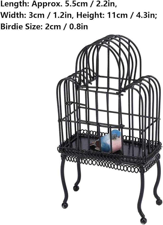 1:12 Scale Dollhouse Bird Cage Metal Miniature Bird Cage Realistic Opening Door Miniature Dollhouse Bird Cage with Fake Grass Bird Sticker (Black)