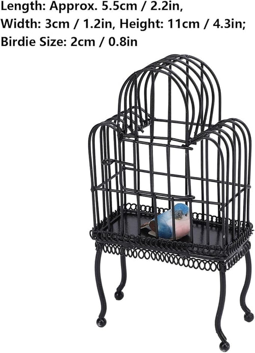 1:12 Scale Dollhouse Bird Cage Metal Miniature Bird Cage Realistic Opening Door Miniature Dollhouse Bird Cage with Fake Grass Bird Sticker (Black)