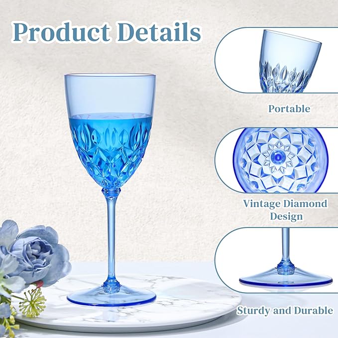 SKLENICE 48 pcs Plastic Blue Wine Glasses Bulk 7.4oz Detachable Small Wine Goblet Champagne Flutes Unbreakable Vintage Diamond Stemware Mimosa Drinking Glassware for Wedding Christmas Event Party