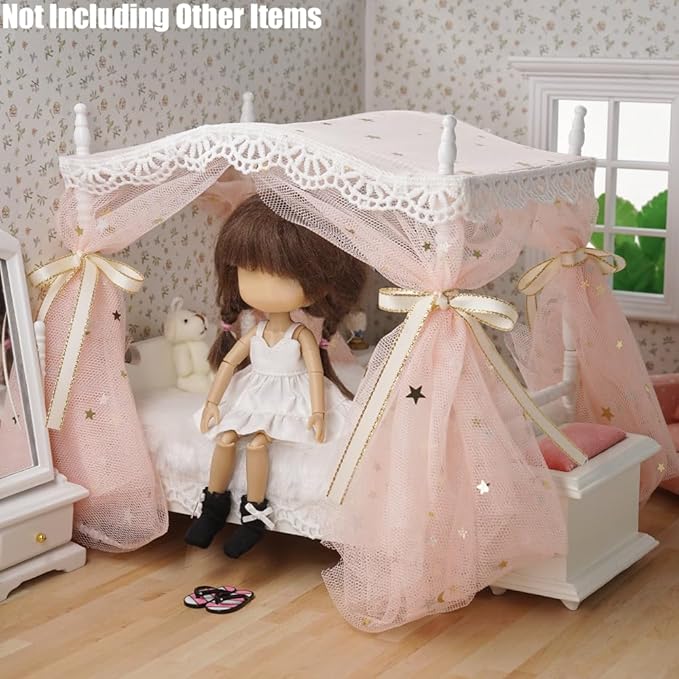 Odoria Dollhouse Princess Bed Miniature: 1/12 Scale Queen Bed Fluffy for 6 inch Dolls Bedroom - Mini Bedding Furniture with Luxury Canopy Pink
