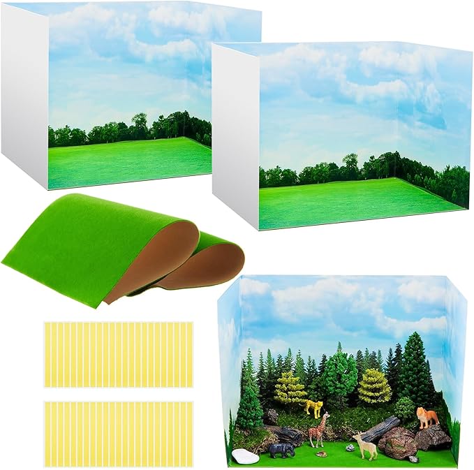 AmazingSpark Diorama Box and Fake Grass Decor, Rainforest Diorama Project Supplies Set, Cardboard Display Case Kit & Artificial Grass with Double Sided Tapes for DIY Crafts(2 Set,Galaxy)