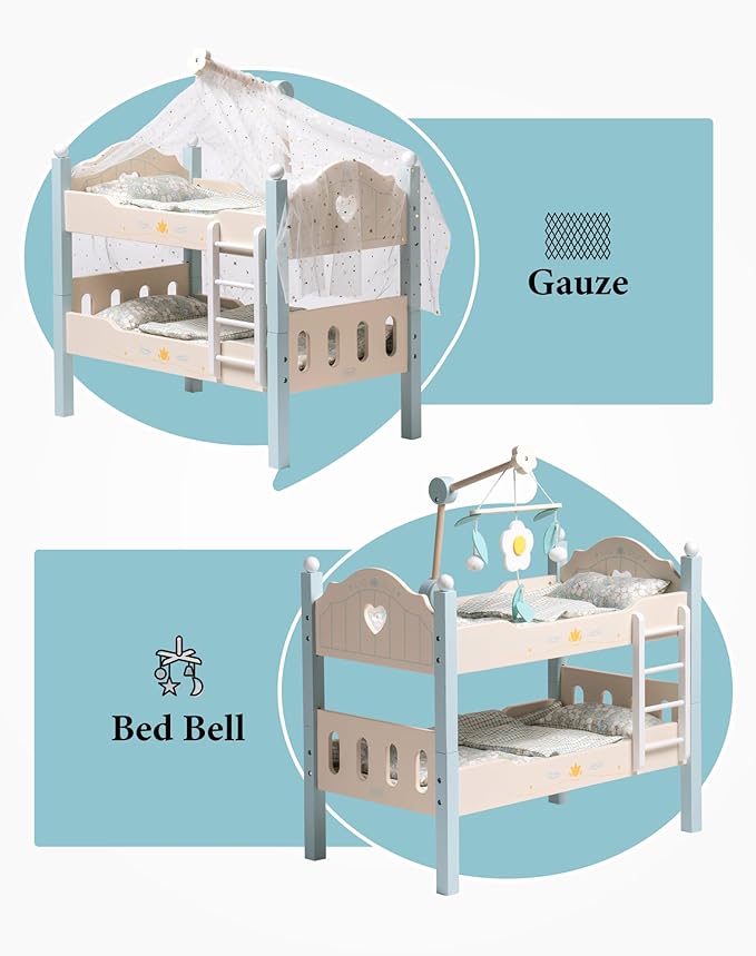 ROBUD Baby Doll Crib, Wooden Baby Doll Beds for 20 Inch Dolls, Blue Baby Doll Bunk Beds with Tulle, American Girl Doll Bed for Gifts, WRP10