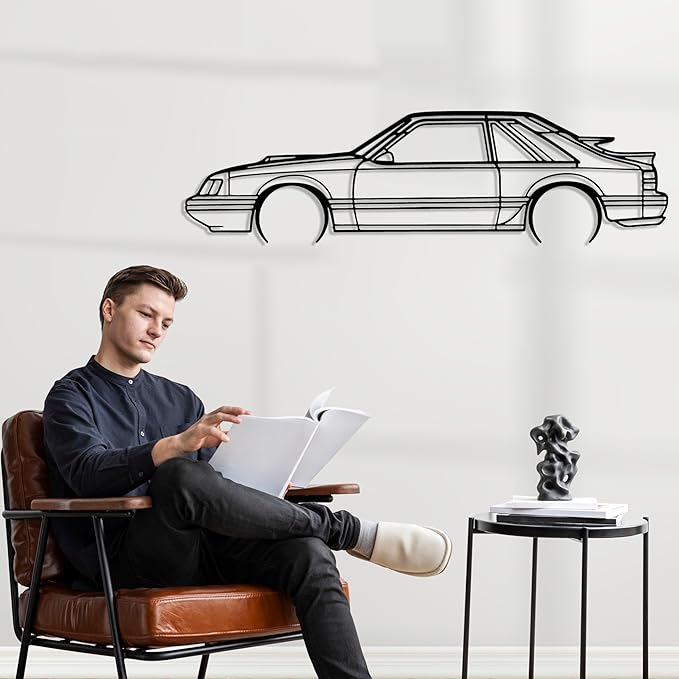 DecoSoul Mustang Metal Car Wall Art, Sports Car, Automotive Silhouette Line Decoration, Minimalist Sculpture for Garage, Indoor Outdoor Wall Hanging, Gift for Boyfriend (Black - 40 x 11” inch)