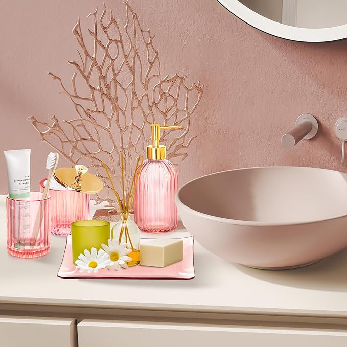 Pink Bathroom Accessories Set, 4Pcs Glass Bathroom Decor Complete with Lotion Soap Dispensers, Toothbrush Holder, Cotton Swab Jars, Vanity Tray, Cute Bathroom Essentials Gift for Girls