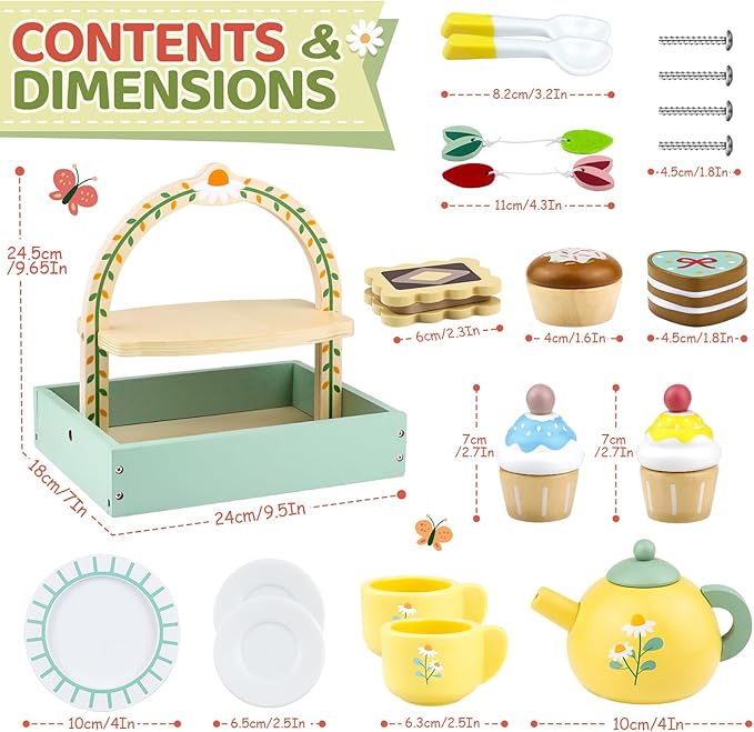 Wooden Tea Sets for Little Girls Play Food Cake Toys Toddlers 3-5 Kitchen Accessories Pretend Play Princess Playset for 3 4 5 6 Year Old Girl Boy Party Birthday Gift