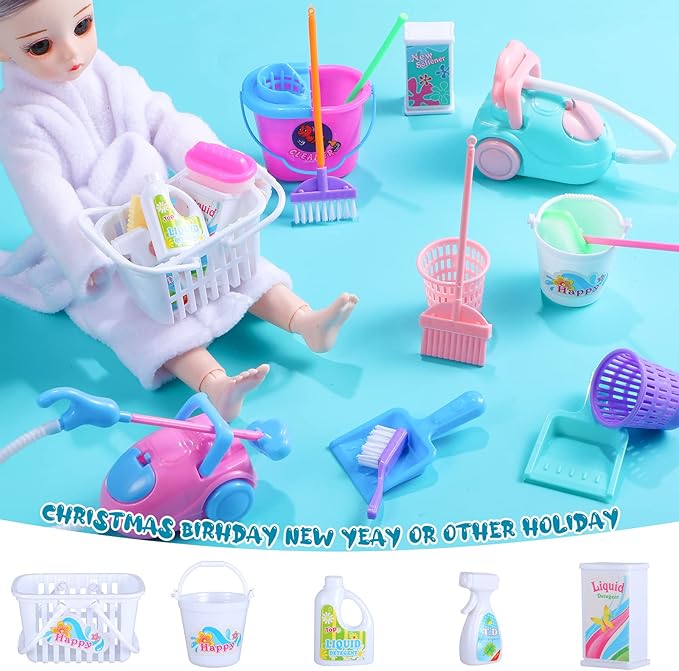 22 Pieces Miniature Bucket Doll Housework Cleaning Supplies Mini Dollhouse Accessories Mop Dustpan, Brush, Broom, Bucket Dollhouse Furniture Decoration Accessories for Dolls Pretend Play, Random Color