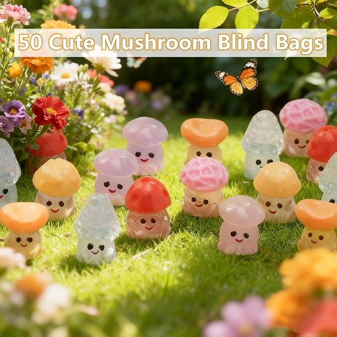 50PCS Glow-in-The-Dark Mushroom Blind Bags, Cute Mini Mushroom Figurines Dollhouse Accessories, Realistic Mini Miniatures, Fairy Garden Decorations for Kids Party Favors, DIY Crafts