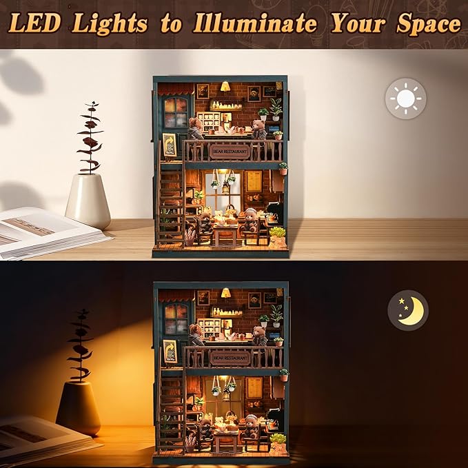 Hallisun DIY Miniature House Kit, Mini 3D Wooden Bear Restaurant Building Kit with Furniture and LED, Tiny Diorama Dollhouse Model Set, Handmade House Craft Birthday for Adults Teens
