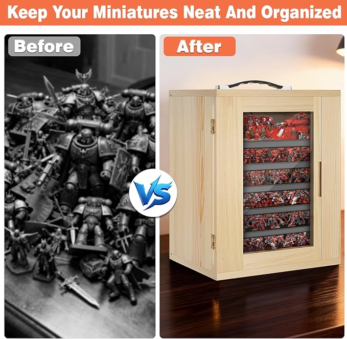 Miniature Storage Case for Collectibles, Miniature Display Cases with Magnetic Door and 6 Trays, Clear View Miniatures Transport Case (Wooden)
