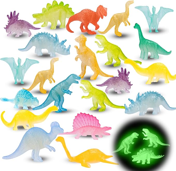 48Pcs Glow in Dark Mini Dinosaur Figures Birthday Party Favors Supplies Dino Cupcake Toppers Pinata Goodie Bags Stuffers Classroom Prizes Carnival Treasure Box Trinkets Bulk Toy Kids Goody Treat Gifts