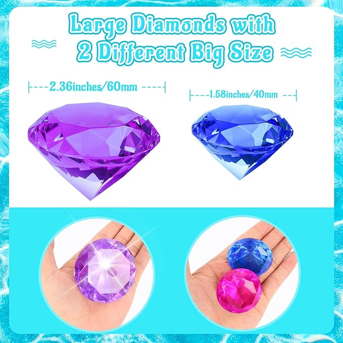 MARFOREVER 15Pcs Large Diving Gem Pool Toys - 2 Extra Big 60mm Diamond and 13 Colorful 40mm Big Acrylic Diamond Pool Gem Set Summer Swimming Party Favors Underwater Gem Diving Toy for Boys and Girls