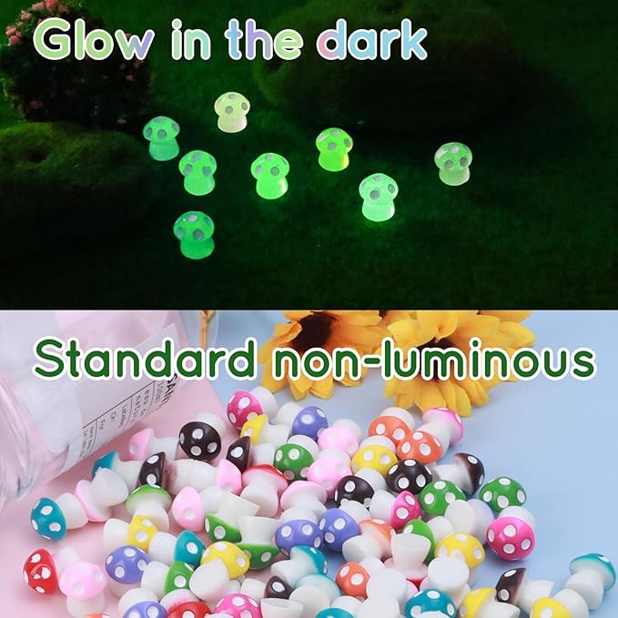 180 Pcs 18-Color Mini Resin Mushroom Figures,Glow in Dark Miniature Figurines Bulk for Fairy Garden,Dollhouse Décor,Terrarium & Scavenger Hunts - Tiny Mushroom Accessories with Realistic Details
