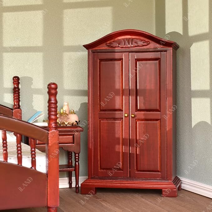 iLAND Vintage Dollhouse Furniture 1/12 Scale, Dollhouse Bedroom Furniture in Mahogany Color incl Dollhouse Bed & Mirror Full Length & Wardrobe & Bedside Table & Rocking Chair (Brewster 7pcs)