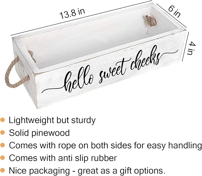 PZJIEAN Funny 2 Sides Hello Sweet Cheeks White Bathroom Decor Box with Handle, Farmhouse Bathroom Decor Box for Toilet Paper, Back of Toilet Organizer