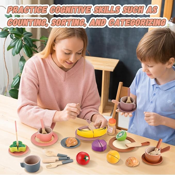 GAGAKU Wooden Dishes Kids Play Dish Set - Wood Plates Set for Toddler Montessori Wooden Kitchen Toys